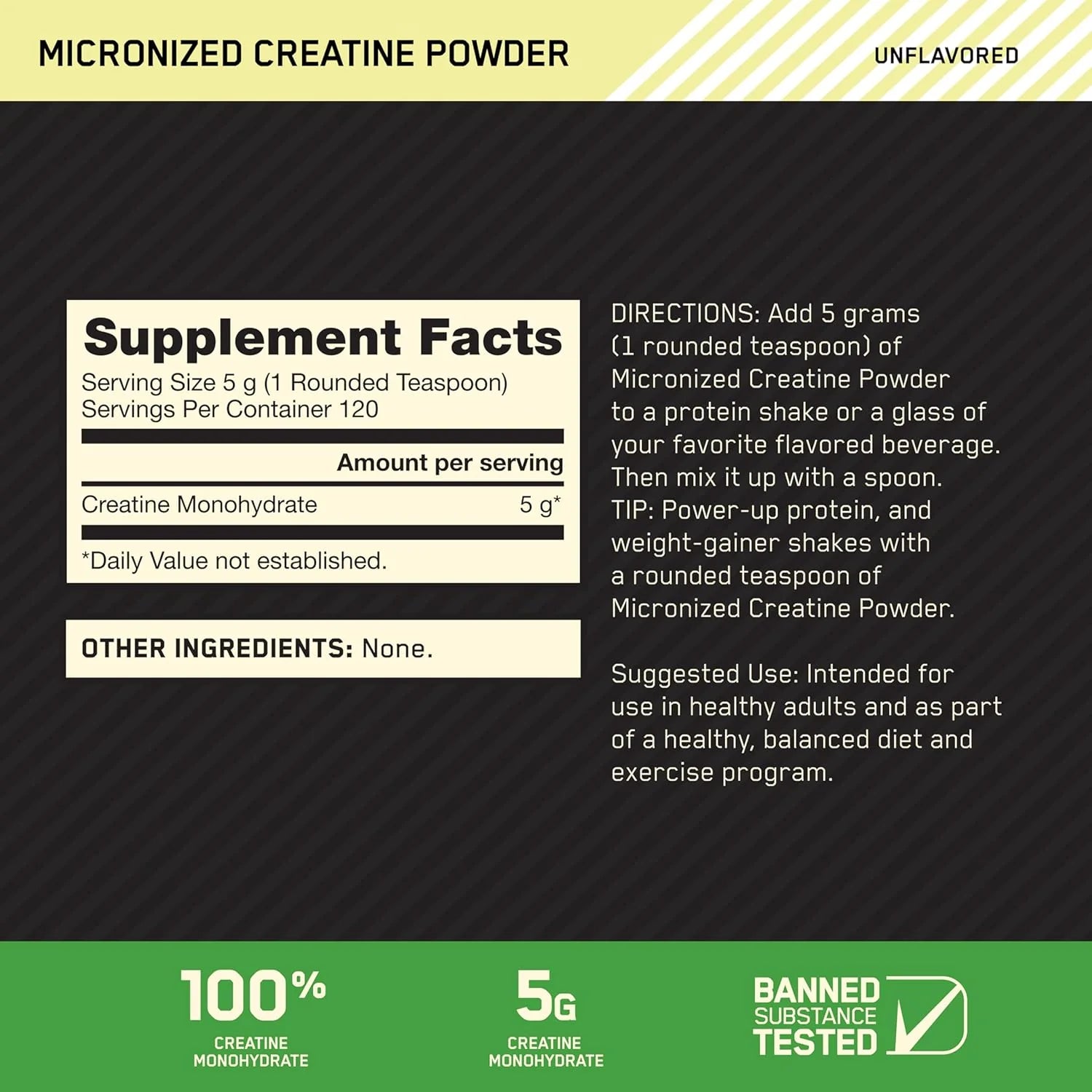 Optimum Nutrition Micronized Creatine Monohydrate Powder, Unflavored, 120 Servings, 600 Grams